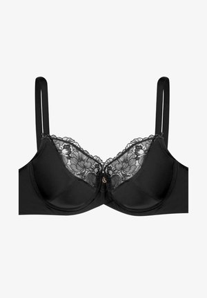 Czarny stanik z koronkowym wykończeniem, z kwiatowymi wzorami i małym dekoracyjnym akcentem na środku. Regulowane ramiączka; gładka faktura materiału.