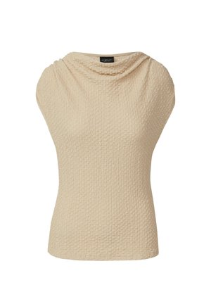 Beige textuurtop met een gedrapeerde halslijn, korte mouwen en een strakke pasvorm. Het materiaal heeft een subtiele geweven patroon.