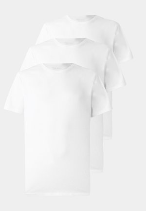 Three white t-shirts made of cotton, featuring a crew neck, short sleeves, and a smooth, plain texture with no visible patterns or accents.