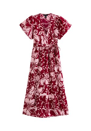 Maxi-jurk met bloemenprint in diep rood en roze kleuren, een V-hals, korte geplooide mouwen en een elastische taille met strik.