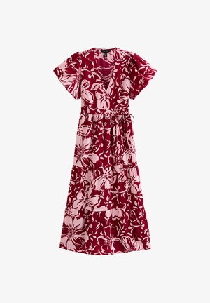 Maxi-jurk met bloemenprint in diep rood en roze kleuren, een V-hals, korte geplooide mouwen en een elastische taille met strik.