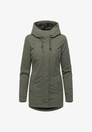 Parka verde oliva, resistente all'acqua, con cappuccio, coulisse, chiusura con cerniera, due tasche frontali e logo discreto sull'orlo.