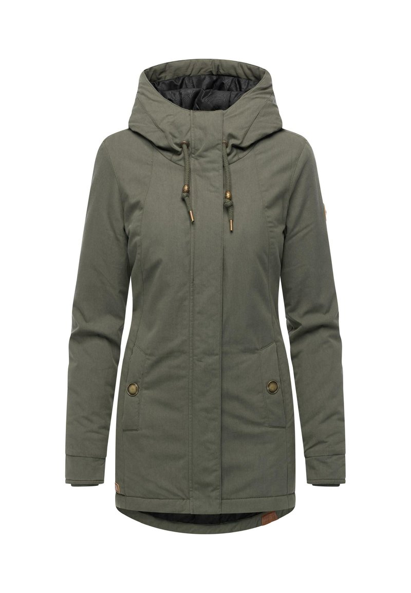 Oliwkowa, wodoodporna parka z kapturem, z sznurkiem, z zapięciem na zamek, dwoma przednimi kieszeniami i subtelnym logo na dolnym brzegu.