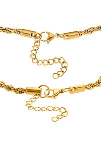 Collier en chaîne torsadée dorée avec fermoir en homard, doté d'une extension de maillon pour une longueur ajustable. Texture lisse, finition brillante.