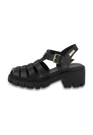 Sandali neri con tacco grosso, realizzati in pelle intrecciata, design aperto sulla punta, con fibbia regolabile e suola in gomma testurizzata.