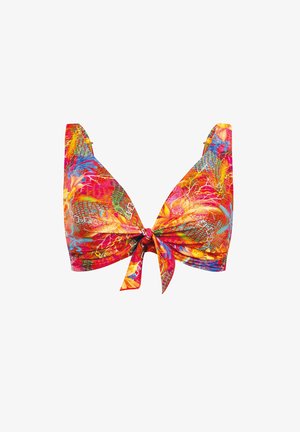 Jasny, wielokolorowy top bikini z kwiatowymi i abstrakcyjnymi wzorami, z wiązaniem na supeł z przodu i regulowanymi ramiączkami.