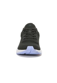 Black athletic shoe with a textured upper, lace-up closure, and white midsole featuring a lilac accent on the heel. Brand logo on tongue.