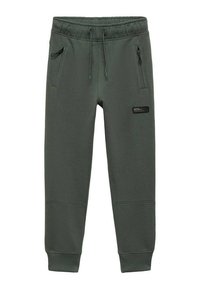 Green fleece joggers feature a drawstring waistband, zippered side pockets, ribbed cuffs, and a textured logo patch on the thigh.