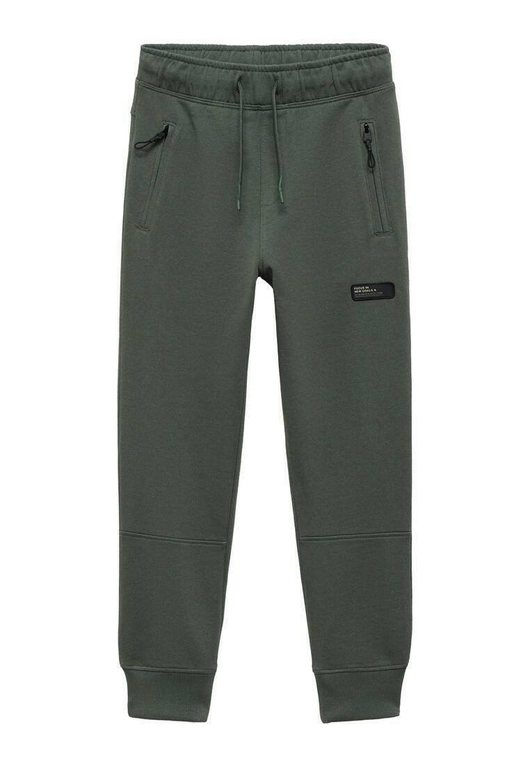 Green fleece joggers feature a drawstring waistband, zippered side pockets, ribbed cuffs, and a textured logo patch on the thigh.