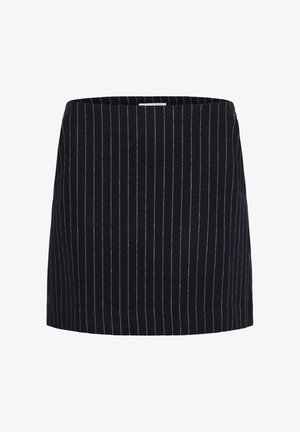 Schwarzer Rock mit vertikalen weißen Nadelstreifen, gerader Schnitt und glatter Textur. Klassisches Design mit einfachem Bund.