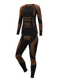 Black thermal activewear set with long sleeves and leggings, featuring orange patterned accents and structured textures for comfort and fit.