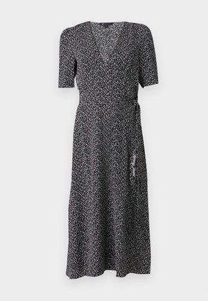 Black wrap dress with short sleeves, featuring a floral pattern in white and red. Made from lightweight fabric with a v-neck design.