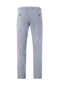 Light gray trousers made of soft fabric with a smooth texture. Features two back pockets with black buttons. Tailored, tapered fit design.