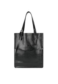 Borsa tote in pelle nera con una texture liscia, due manici superiori, una tasca frontale e un design elegante e minimalista.