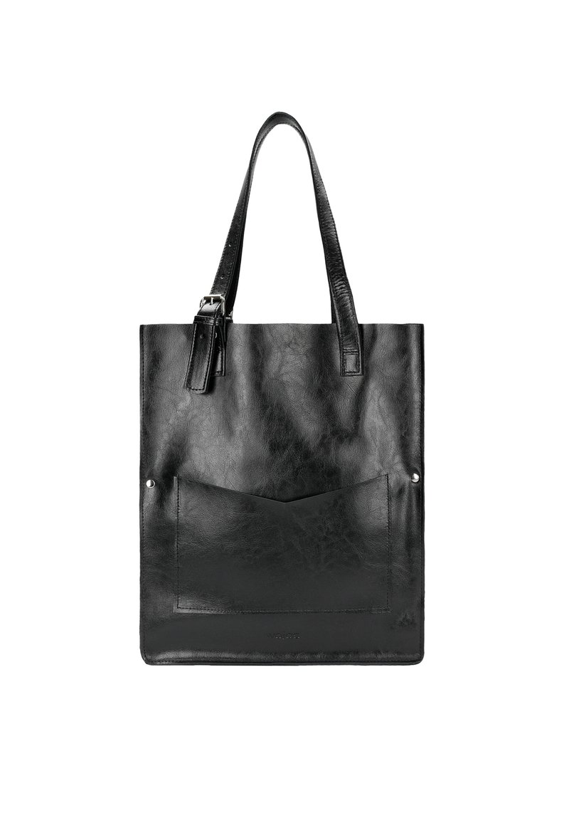 Borsa tote in pelle nera con una texture liscia, due manici superiori, una tasca frontale e un design elegante e minimalista.