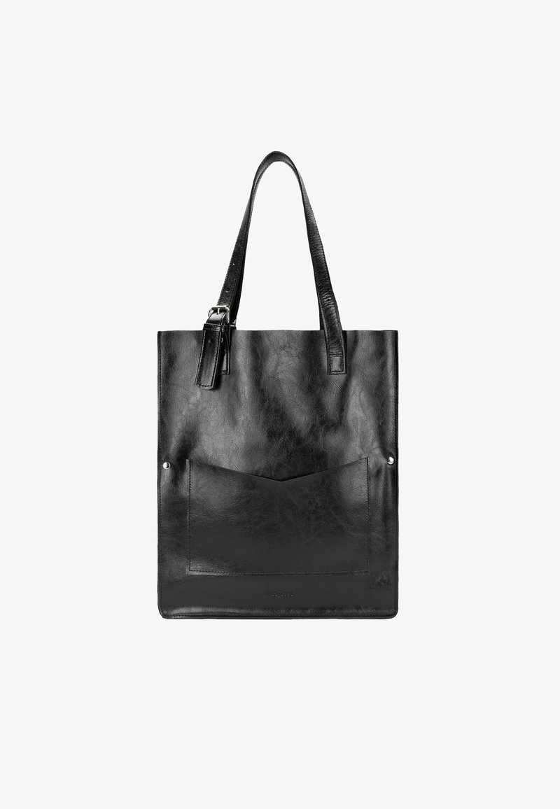 Borsa tote in pelle nera con una texture liscia, due manici superiori, una tasca frontale e un design elegante e minimalista.