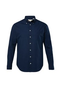 Marineblaues Langarm-Hemd mit Knopfleiste und spitzem Kragen, das eine Brusttasche und weiße Knöpfe entlang der Verschlussleiste aufweist.