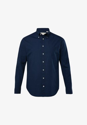 Dunkelblaues, langärmeliges Hemd mit Knöpfen, spitzem Kragen, Brusttasche und weißen Knöpfen auf einem glatten, strukturierten Stoff.