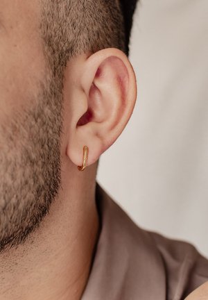 Gold hoop earring in a closed design, attached to a lobe. The background shows a light, neutral color, contrasting with the earring's shine.