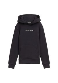 Sudadera de color azul marino oscuro con un bolsillo frontal, puños acanalados y una mezcla de algodón. Presenta un logo en blanco de "TOM TAILOR" en el pecho.