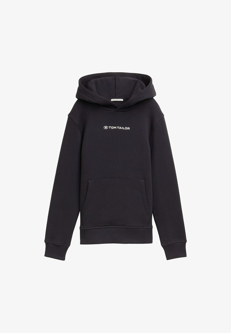 Felpa blu scuro con tasca frontale, polsini a costine e una miscela di cotone. Presenta il logo bianco "TOM TAILOR" sul petto.