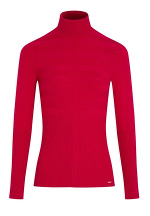 Rode, lange mouwen coltrui met ribbeltextuur en horizontaal streeppatroon. Gladde stof met een aansluitende silhouette.