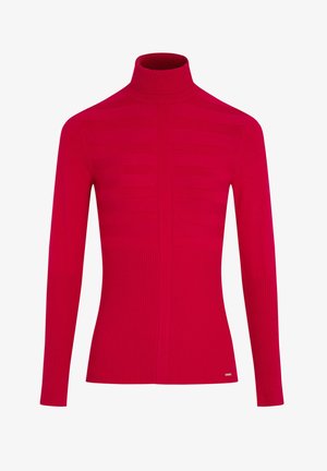 Rode, lange mouwen coltrui met ribbeltextuur en horizontaal streeppatroon. Gladde stof met een aansluitende silhouette.