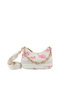 Bela torbica iz umetnega usnja s rožnatim cvetličnim vzorcem, z zlatim verižnim trakom in črtastimi detajli. Ima zadrgo in nastavljiv ramenski trak.