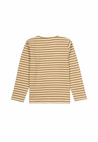Beige blúzka s dlhým rukávom s vodorovnými pruhmi v svetlohnedej a krémovej. Hladký povrch, okrúhly výstrih a rovný strih.