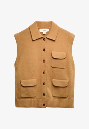 Bezrekawny kardigan w kolorze khaki z kołnierzem, pięcioma guzikami i dwoma naszywanymi kieszeniami z przodu. Dzianina o fakturze z prążkowanym wykończeniem na dole.