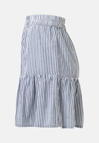 Jupe à rayures verticales bleues et blanches avec une ceinture élastique et un ourlet à volants froncés en bas.
