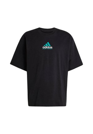 Crna pamučna majica s kratkim rukavima i okruglim izrezom. Sadrži teal Adidas logo na prsima s tri pruga kao naglasak.