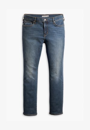 Denim jeans in dark blue with a straight leg design. Features include five pockets, a zip fly, and light distressing along the thighs.