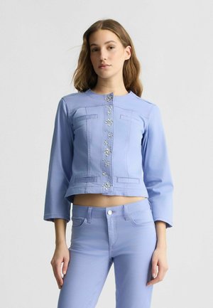 Light blue denim jacket with a cropped design, featuring long sleeves, front pockets, and floral embellishments down the center.