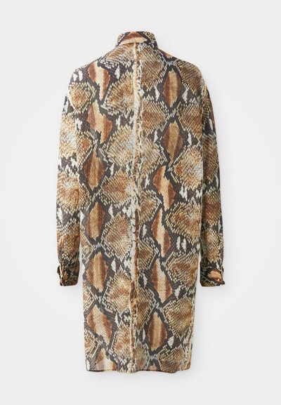 Brown and beige long shirt with a snake skin pattern, featuring a collar and long sleeves, made of lightweight, textured fabric.