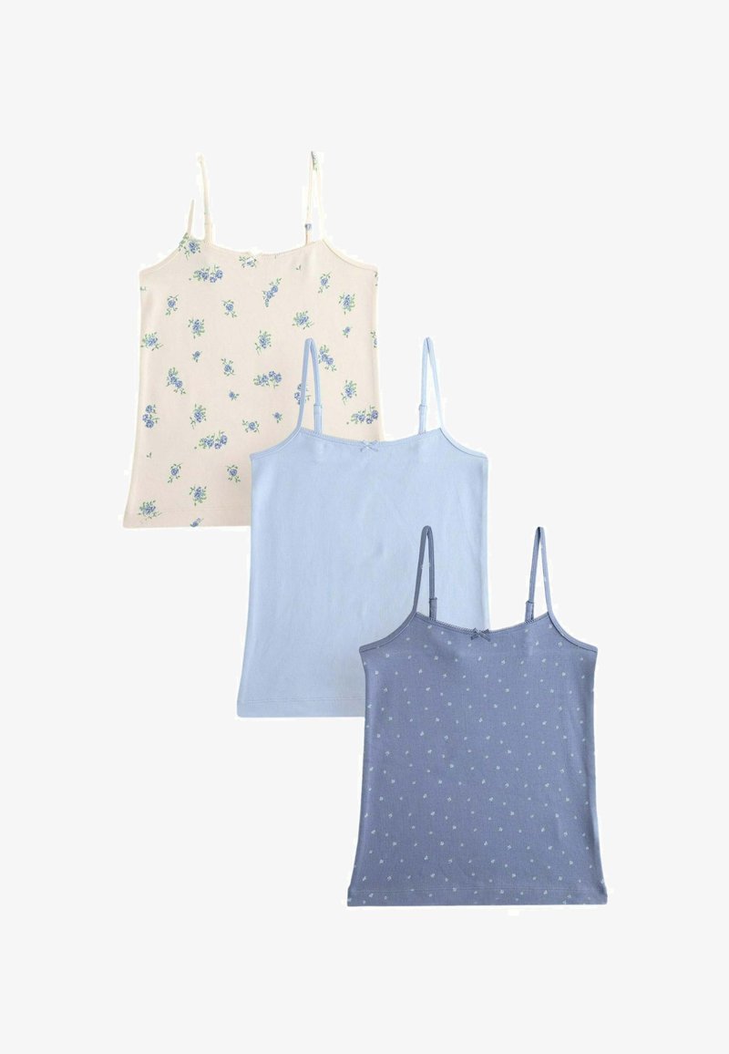 Trois camisoles sans manches à fines bretelles en crème avec imprimé floral bleu, uni bleu clair et bleu à petits pois blancs.