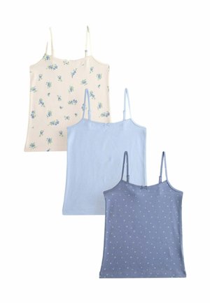 Drie cami-tops: één crème met blauwe bloemenprint, één lichtblauw en één donkerblauw met witte stippen. Zachte stof, verstelbare bandjes.