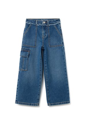 Jeans a gamba larga in denim blu con vita alta, tasche anteriori a toppa, chiusura con bottone e tasca cargo laterale con patta.