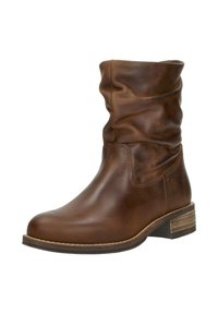 Brown leather ankle boot with a slouchy upper, rounded toe, and a low stacked heel. Features visible stitching and a textured finish.