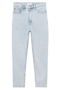 Jean en denim bleu clair à taille haute avec une fermeture à bouton et à glissière, poches avant et arrière, et jambes droites et étroites.