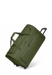 Olivgrüne Roll-Duffle-Tasche aus strapazierfähigem Stoff, mit seitlichen Griffen, Reißverschlusstaschen und einem strukturierten Design für einfachen Transport.