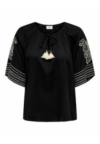 Blusa negra de manga corta, con intrincados bordados blancos yborlas en el escote. Tejido suave con un corte relajado.