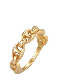 Guldfärgad kedjering med släta, sammankopplade länkar med utskärningar. Markerad med '925' på den inre sidan, vilket indikerar silverinnehåll.