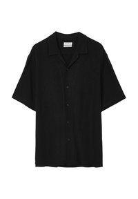 Camicia nera a maniche corte con bottoni realizzata in un tessuto leggero, dotata di colletto e vestibilità comoda, caratterizzata da una trama sottile e hardware minimale.
