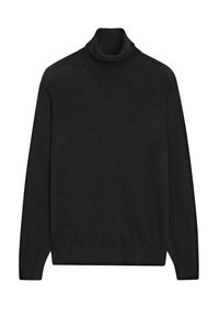 Maglione a collo alto di colore nero, realizzato in tessuto morbido, dotato di maniche lunghe e colletto a costine. Design semplice senza pattern o dettagli visibili.