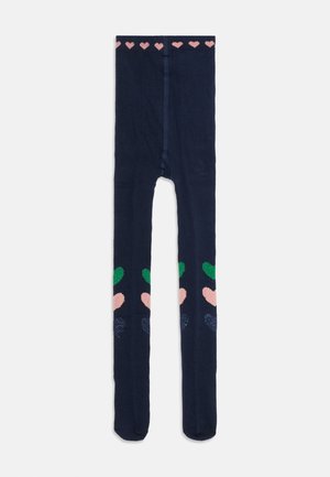Navy tights with a textured knit, featuring a pink heart pattern at the waistband and colorful hearts along the legs in green, pink, and blue.