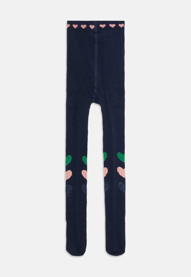 Marine tights med strukturert strikk, med et rosa hjerte-mønster i midjen og fargerike hjerter langs beina i grønn, rosa og blå.