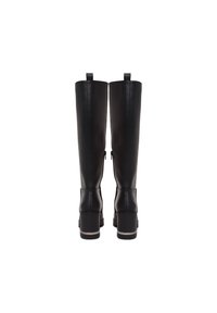 Schwarze lederne Stiefel bis zum Knie mit Blockabsatz, die eine glatte Textur, vertikale Nähte und einen Reißverschluss hinten aufweisen.
