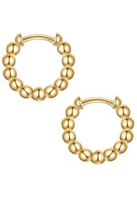 Zelta gredzenveida auskari ar teksturētu, pērlēm līdzīgu dizainu. Auskariem ir pulēta apdare un izliekts stieples aizdare, kas nodrošina drošu valkāšanu.