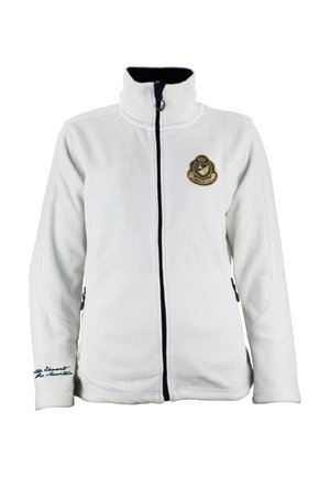 Veste en polaire blanche avec un col haut, fermeture éclair noire et poches latérales, présentant un emblème brodé en or sur la poitrine et du texte sur la manche.